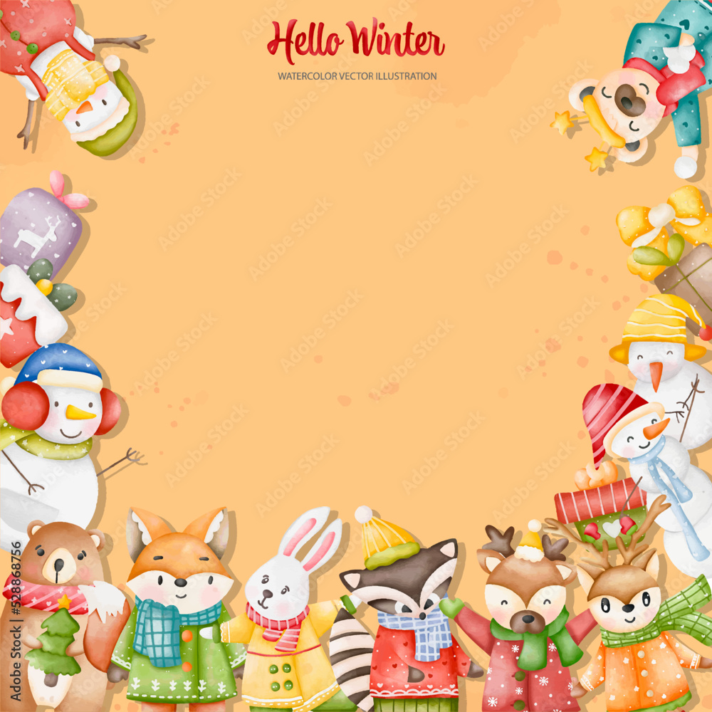 Winter animals background, Christmas animals set, Digital paint watercolor illustration.. Winter animals background, Christmas animals set, Digital paint watercolor illustration..