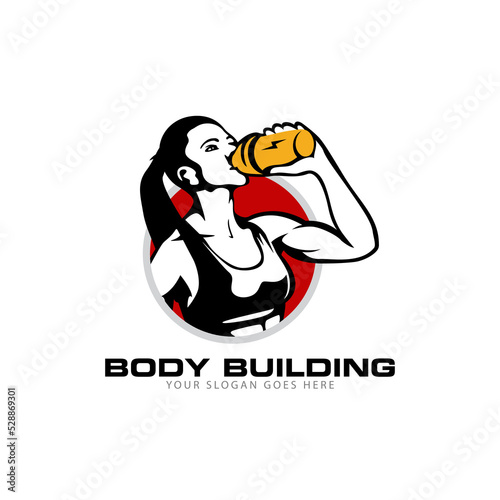 girl bodybuilder holds shaker  Emblem of fitness or gym center vector logo template 