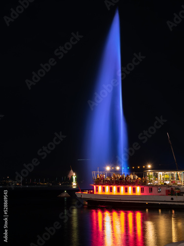 Geneva, Switzerland - July 13, 2022: Water jet of Geneva, Switzerland, is a large fountain and one of the most famous landmarks of the city