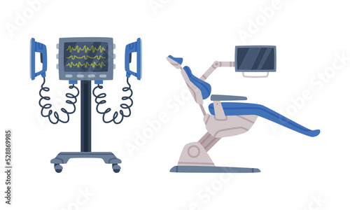 Defibrillator and Chair as Medical Equipment and Assistance Device Vector Set