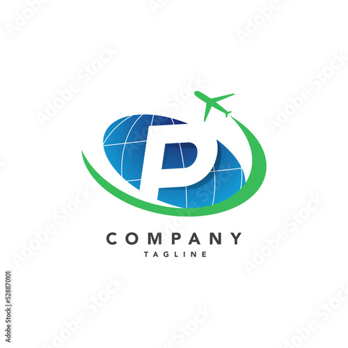 Travel logo illustration, Letter P symbol, Green colour plane icon vector logo template 