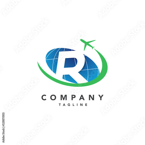 Travel logo illustration, Letter R symbol, Green colour plane icon vector logo template 