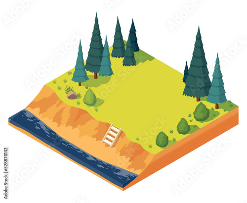 Place for isometric house on river in pine wood. Area and element of landscape trees