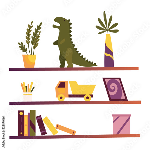 Boy room interior design element shelves with toys and books. Furniture cartoon vector illustration. Cleaning in child room, apartment indoors area icon