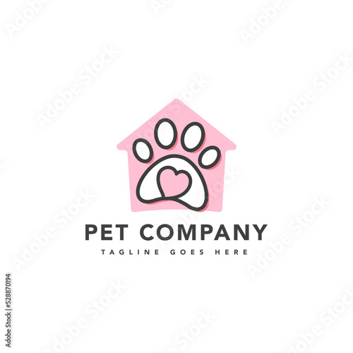 Pinkish paw foot print inside home icon, vector logo template 