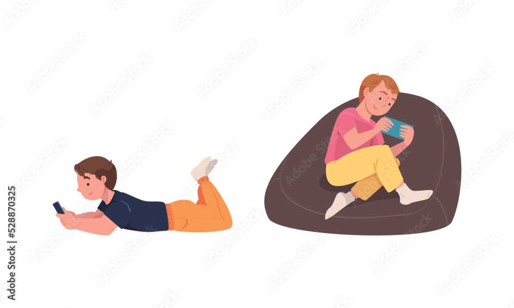 Teen Boy Character with Digital Device Sitting and Lying Suffering from Internet Addiction Vector Set Teen Boy Character with Digital Device Sitting and Lying Suffering from Internet Addiction Vector Set