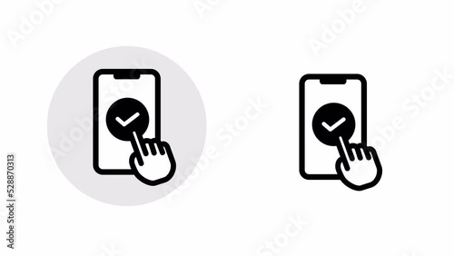 Mobile phone with a hand touching a check mark on a screen. Animation with a luma matte.