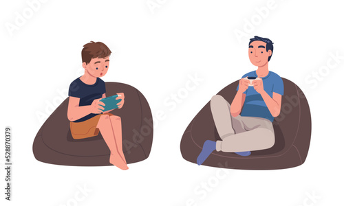 Teen Boy Character with Digital Device Sitting on Beanbag Chair Suffering from Internet Addiction Vector Set