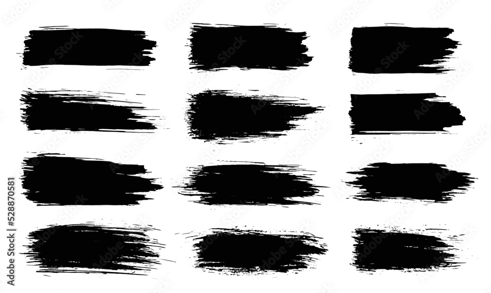 Paint brush. Black ink grunge brush strokes. Vector paintbrush set. Grunge design elements. Painted ink stripes. Creative isolated spots. Ink smudge abstract shape stains and smear set - obrazy, fototapety, plakaty 