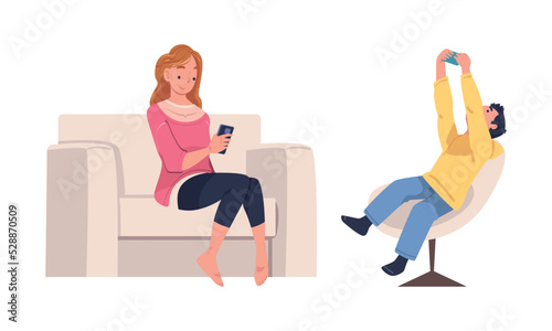 Woman and Boy Character with Digital Device Sitting in Armchair Suffering from Internet Addiction Vector Set