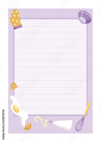 Recipe card. Cooking card template. Culinary notes and sticker with cute ingredients. Menu note template