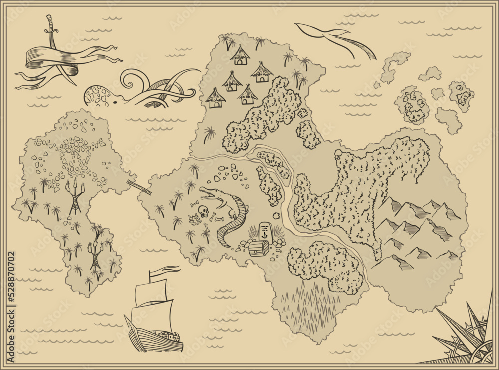Cartoon island map template for next level game - adventures, treasure ...