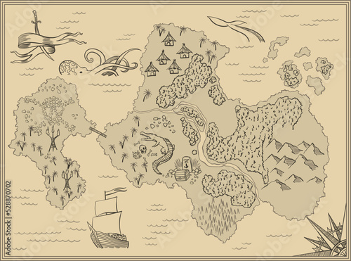 Cartoon island map template for next level game - adventures, treasure hunt. Pirate map with octopus, scorpion, sharks, snake, scull. Hand drawn vector illustration, vintage background
