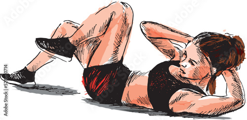 Colored hand sketch of exercising woman. Vector illustration.