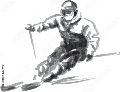 Hand brush sketch of a skier. Vector illustration.