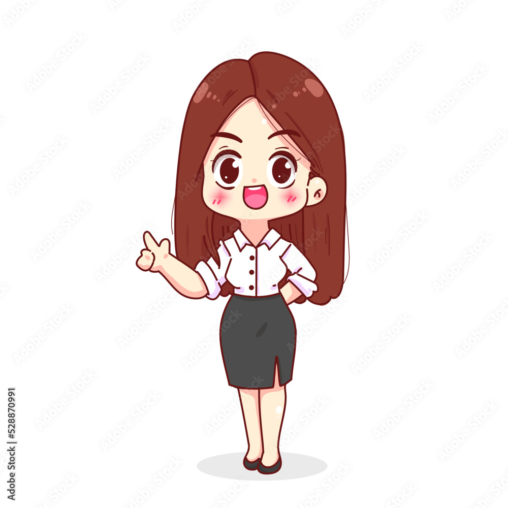Woman smiling and pointing to empty copy space business woman character hand drawn cartoon illustration Woman smiling and pointing to empty copy space business woman character hand drawn cartoon illustration