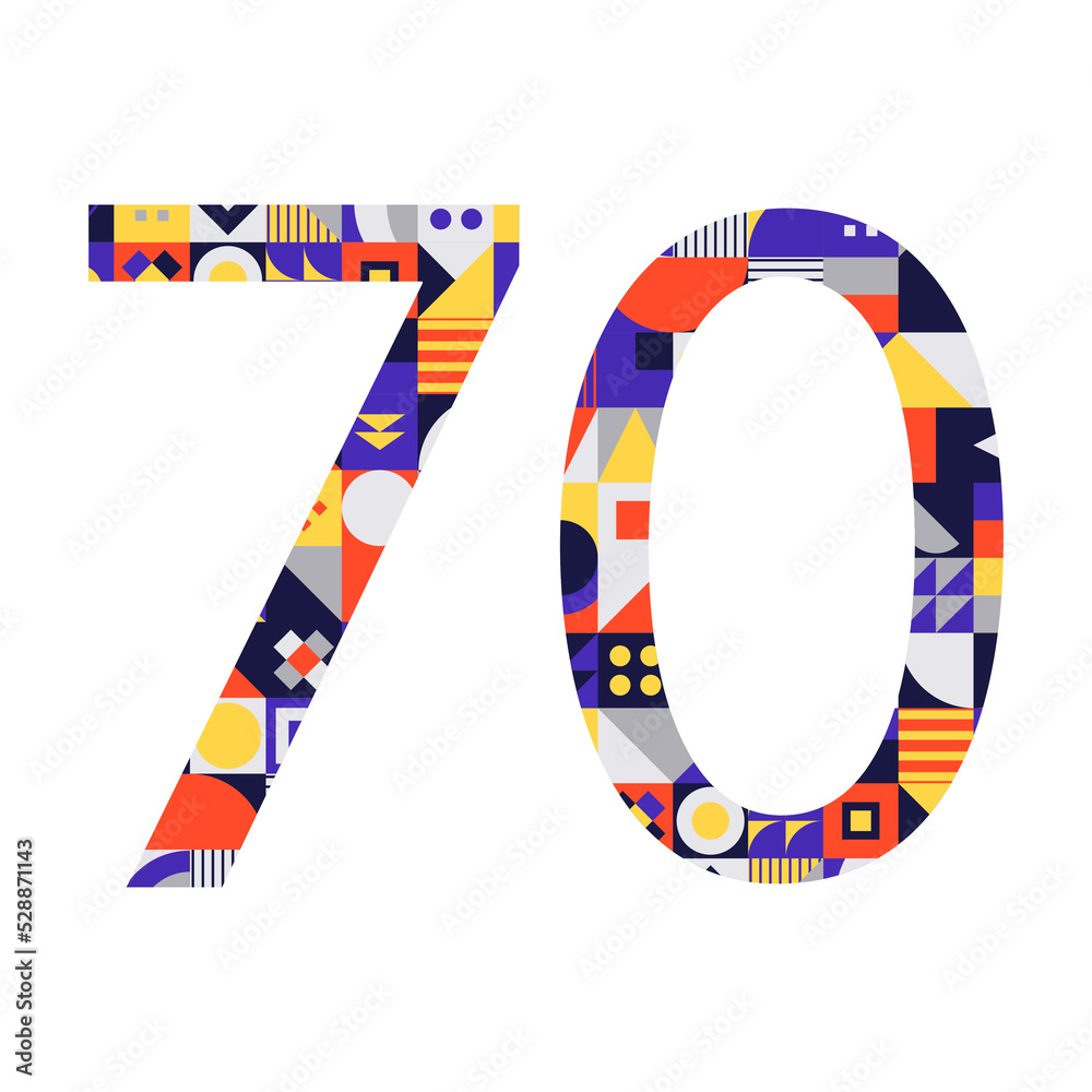 Fototapeta premium Number 70 from multicolored geometric shapes isolated on white. Neo geo