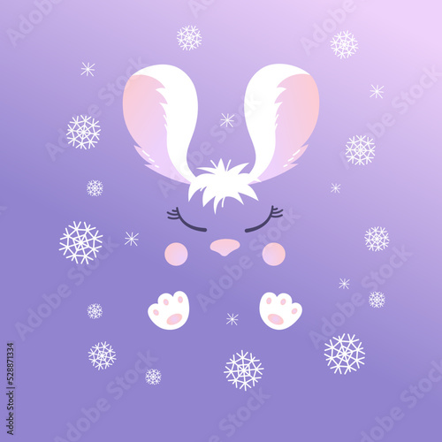 Charming rabbit with big ears in snowflakes