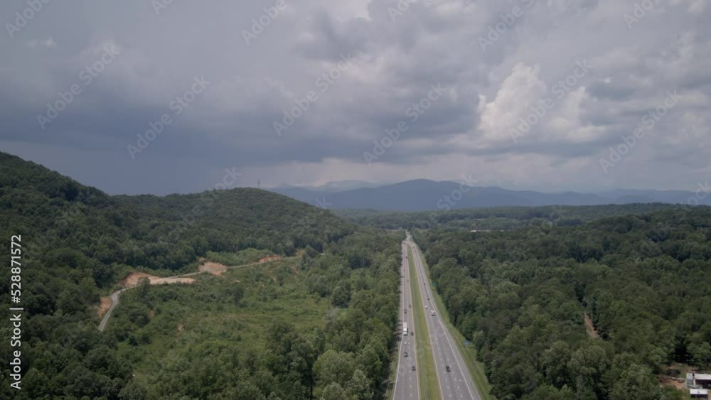 Aerial timelapse hyperlapse of Interstate 40 amongst the hills of Western North Carolina.