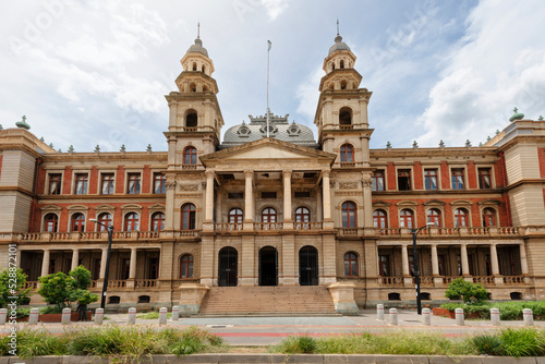 Frontal view of the Palace of Justice building on Church Square in Central Pretoria, South Africa, shot against a cloudy sky