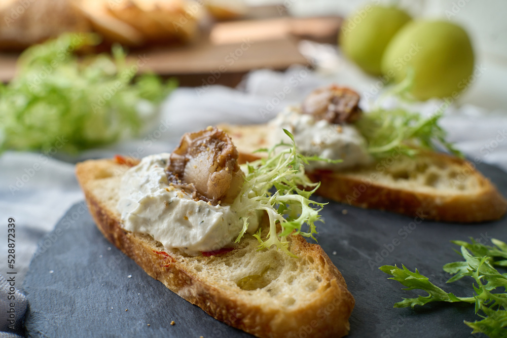 delicious toast, topped with clam meat, endive and yogurt delicious toast, topped with clam meat, endive and yogurt