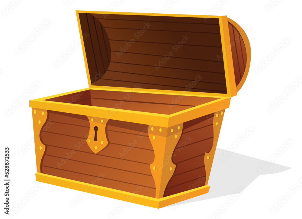 Chest. Empty old wooden chest for gold treasure. Cartoon ancient container for pirates isolated vector icon on white. Game wooden antique box for treasure Chest. Empty old wooden chest for gold treasure. Cartoon ancient container for pirates isolated vector icon on white. Game wooden antique box for treasure
