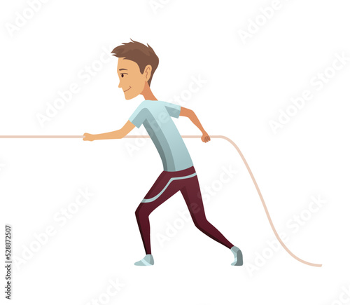 Kid pulling rope. Boy game tug of war, children competition, happy boy play outdoors, equal and counteracting forces. Concept of sports activity for kids