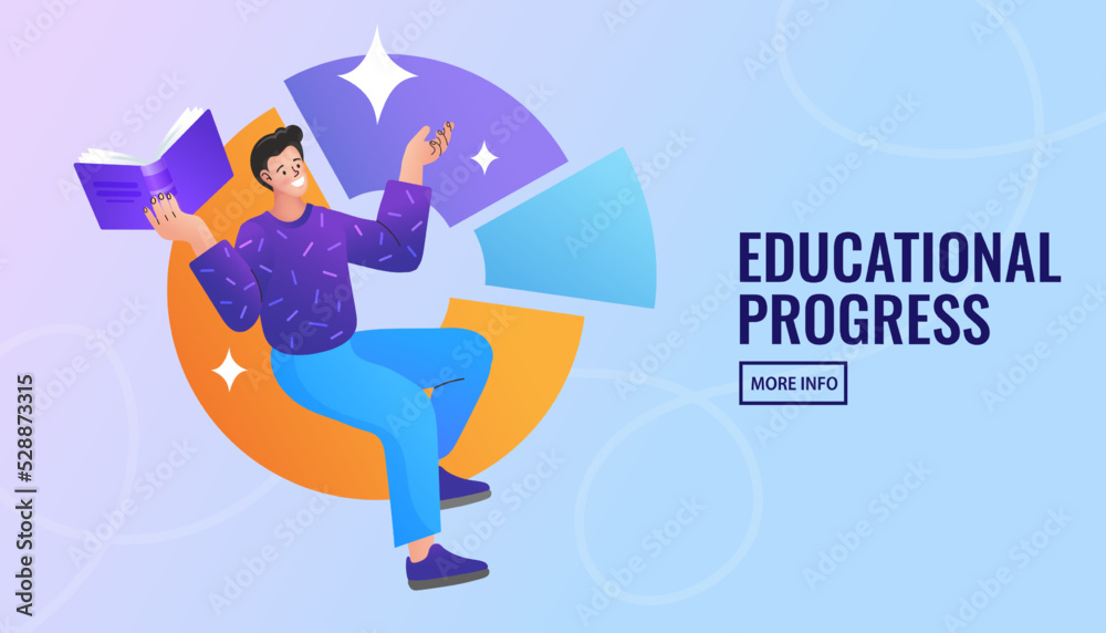 Man holding a book sitting in a pie chart. Man holding a book sitting in a pie chart.
