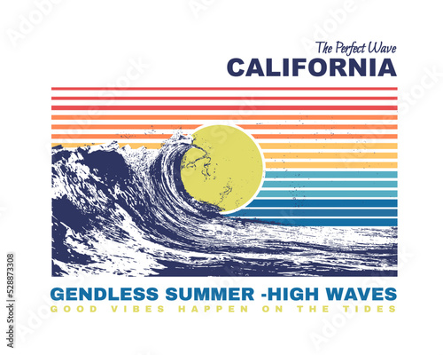 The perfect wave, California, beach text with waves and sun vector illustrations. For t-shirt prints and other uses. California theme text with waves, sun vector illustrations. 
