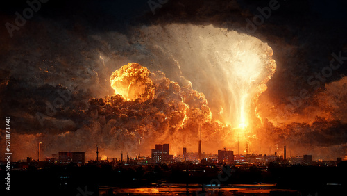 Huge Explosion Above City Skyline Apocalyptic Sky Spectacular Art Illustration. Global War Apocalyptic Background. Digital Painting AI Neural Network Computer Generated Art Apocalypse Wide Wallpaper