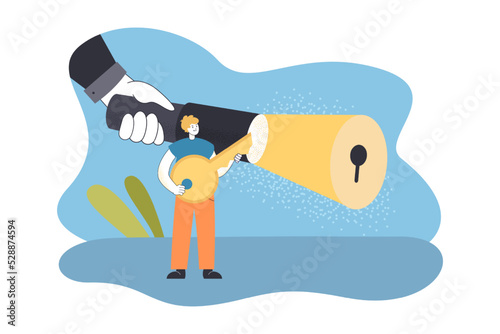 Hand with flashlight searching solution, right direction. Tiny man holding key to keyhole in light flat vector illustration. Opportunity concept for banner, website design or landing web page