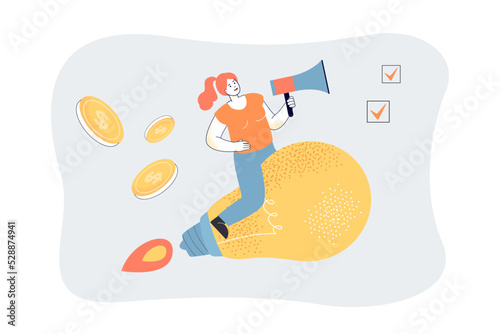 Girl with megaphone flying on light bulb rocket. Money rain around woman launching project flat vector illustration. Digital marketing, invention concept for banner, website design or landing web page