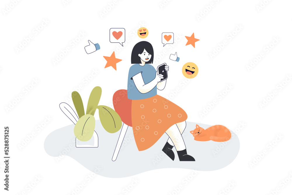 Girl sharing likes and feedback on social media. Happy person sitting in chair with mobile phone flat vector illustration. Influence, internet concept for banner, website design or landing web page Girl sharing likes and feedback on social media. Happy person sitting in chair with mobile phone flat vector illustration. Influence, internet concept for banner, website design or landing web page