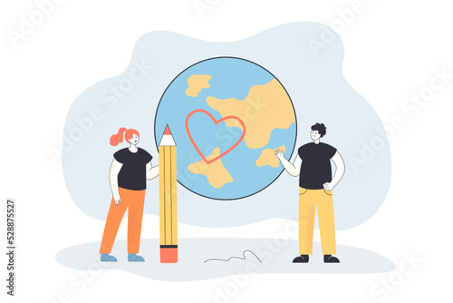 People drawing heart on globe with pencil. Man and woman saving environment of planet with love flat vector illustration. Earth day, ecology concept for banner, website design or landing web page © Bro Vector