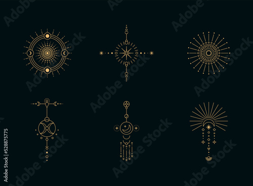 Set of moon and sun line art. Minimal boho linear symbols. Celestial mystic element. Vector line art illustration.
