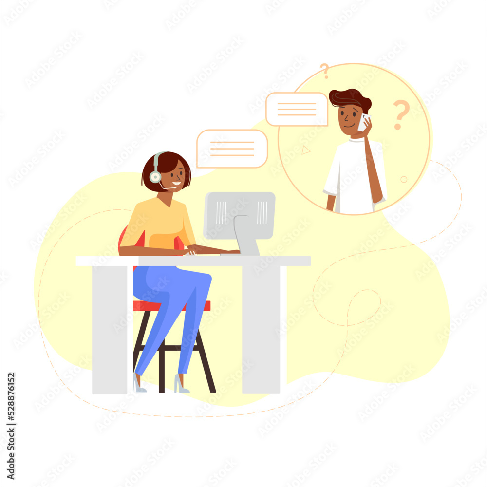 Call center assistants,  support call center people working in office, customer service, call center, hotline flat vector illustration. Online global technical support 24 to 7. Hotline operator advise