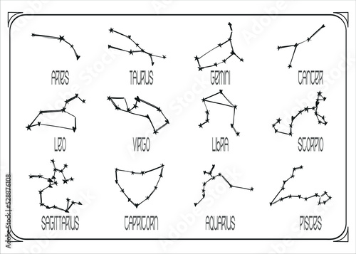 Collection of zodiac constellations in black and white. Set of zodiac signs on a white background. Astrological vector illustration for design.
