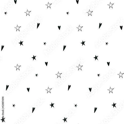 Seamless pattern with black stars and hearts on a white background. Vector seamless background. template design. Light seamless pattern.