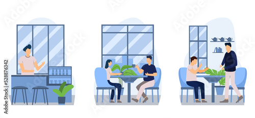 Drinking coffee at cafe flat design bundle illustration