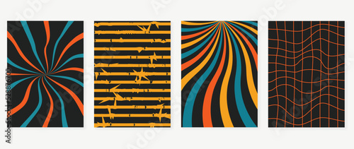 Set of groovy hippie background vector. Collection of retro trippy cover, grid, spiral, wavy, swirl psychedelic wallpaper. 70s groovy hippie illustration design for cover, banner, 60s, 70s, hippy.