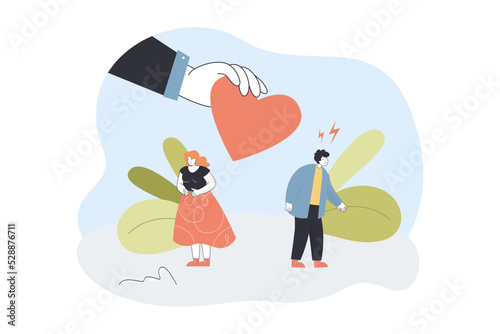 Hand holding red heart between unhappy couple in quarrel. Tiny man and woman quarreling flat vector illustration. Love, divorce, separation concept for banner, website design or landing web page