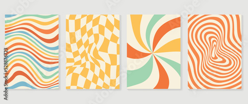 Set of groovy hippie background vector. Collection of retro trippy cover, grid, spiral, wavy, swirl psychedelic wallpaper. 70s groovy hippie illustration design for cover, banner, 60s, 70s, hippy.
