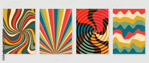 Set of groovy hippie background vector. Collection of retro trippy cover, spiral line, wavy, swirl psychedelic wallpaper. 70s groovy hippie illustration design for cover, banner, 60s, 70s, hippy.