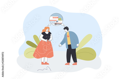 Patient with chest pain thinking about calling ambulance. Man in need of medical help in hospital flat vector illustration. Heart attack concept for banner, website design or landing web page