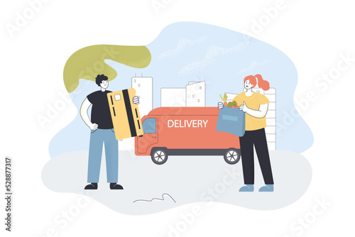 Customer paying for delivery of food to courier on van. Tiny man holding credit card flat vector illustration. Contactless payment, order concept for banner, website design or landing web page