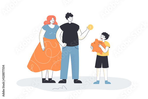 Mother and father giving dollar coin to son. Happy tiny boy holding piggy bank, saving money flat vector illustration. Family budget, finance concept for banner, website design or landing web page