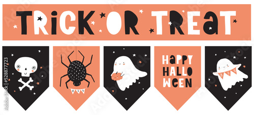 Cute Hand Drawn Halloween Decoration Set. Garland and Banner with Ghosts, Spider and Skull on an Orange and Black Background. Handwritten Trick or Treat and Happy Halloween. Funny Tarantula.