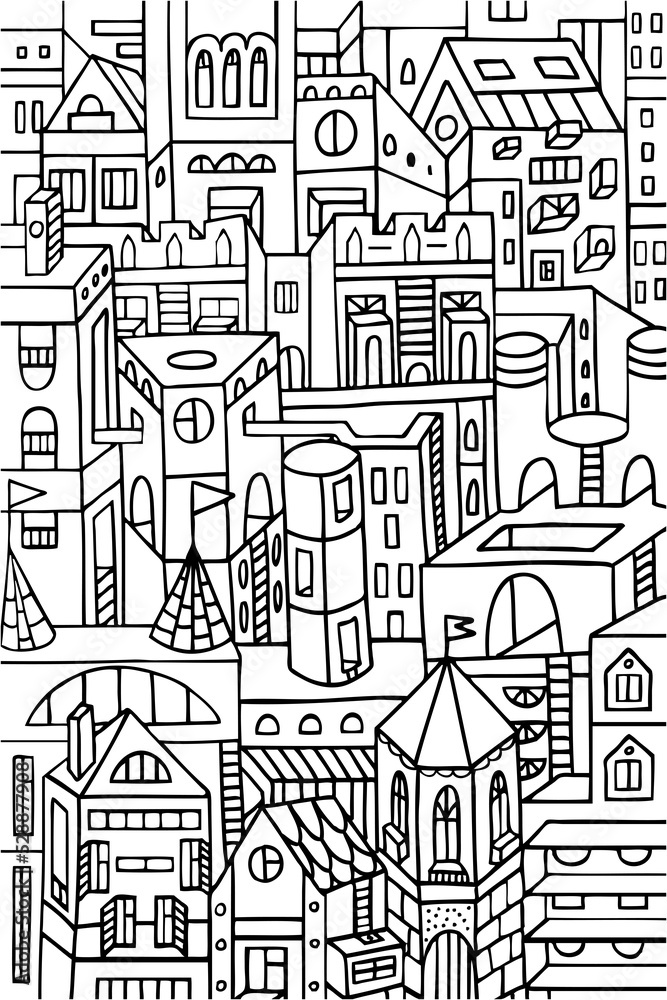 Fototapeta coloring page urban composition, mixed city