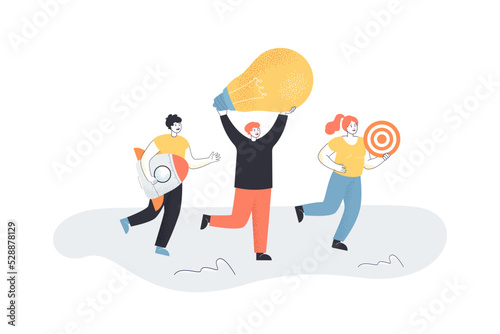 Tiny people running with bulb, rocket and target. Male and female employees launching new project flat vector illustration. Entrepreneurship concept for banner, website design or landing web page