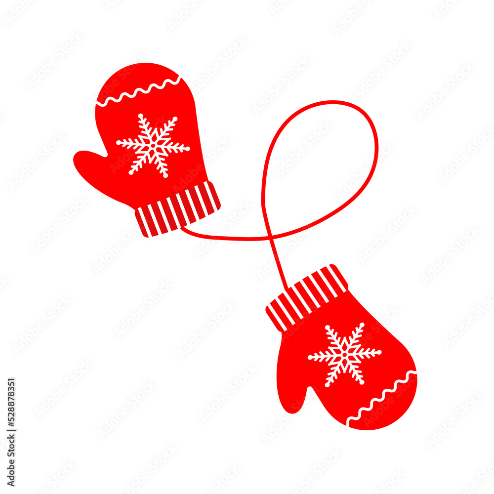Pair of woolen knitted mittens with zigzag pattern. Cozy winter gloves isolated on the white background. Vector flat illustration